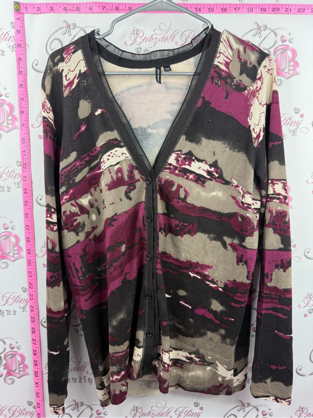 AMANDA GREEN Button-Front V-Neck Cardigan Sweater - Magenta, Black & Taupe